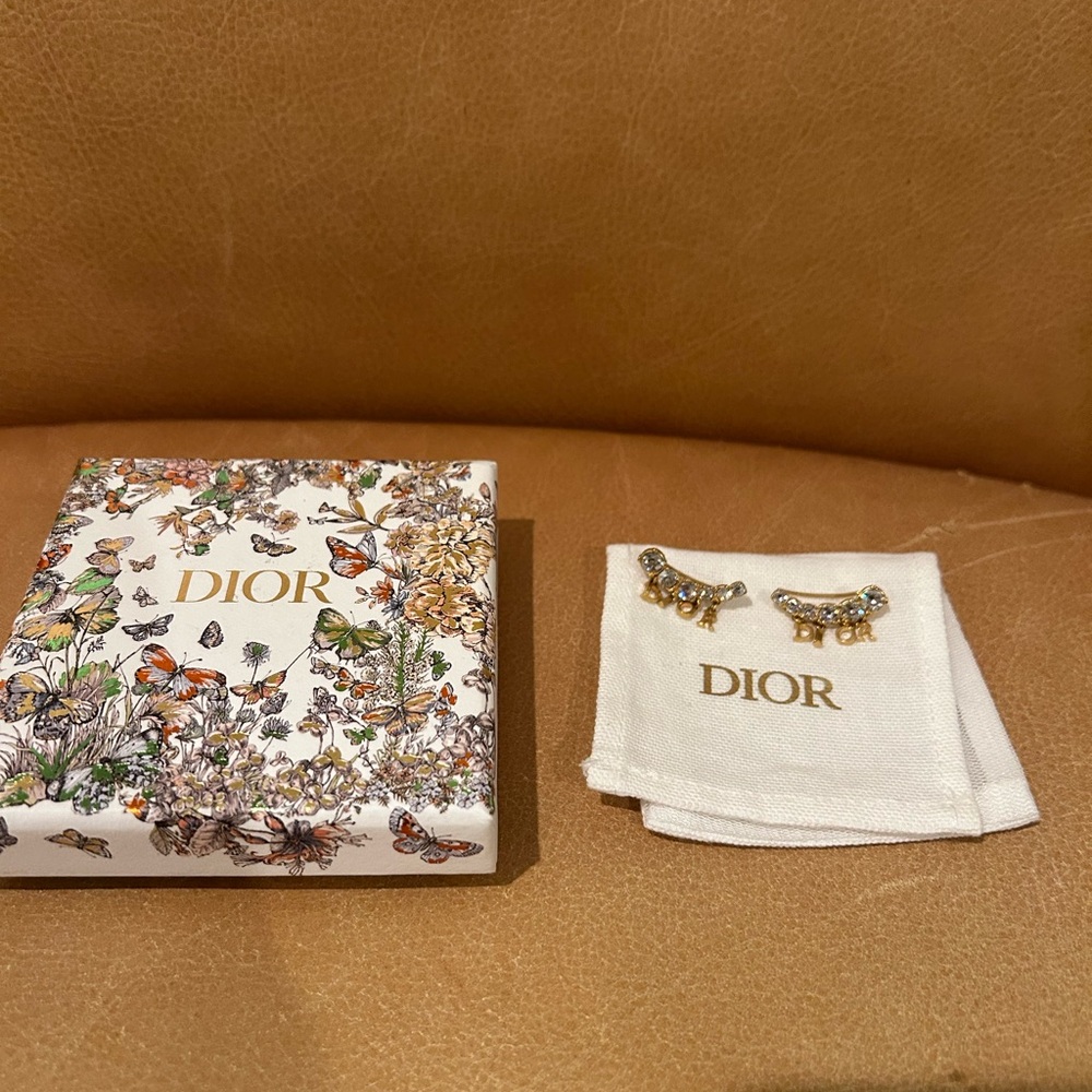 Dior Gold and Crystal Earrings with HANGING DIOR LOGO.
